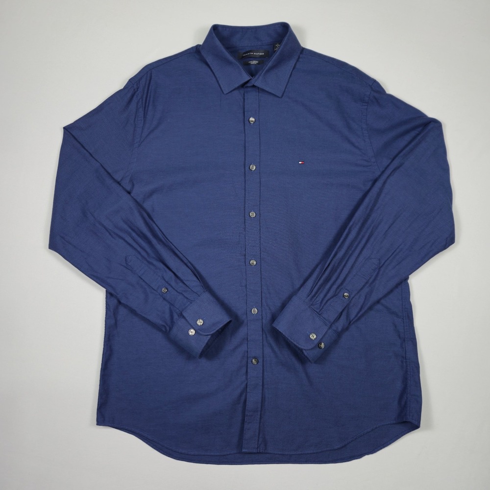 Tommy Hilfiger Men's XL Slim Fit Shirt Blue 100% Cotton Long Sleeve Casual Dress